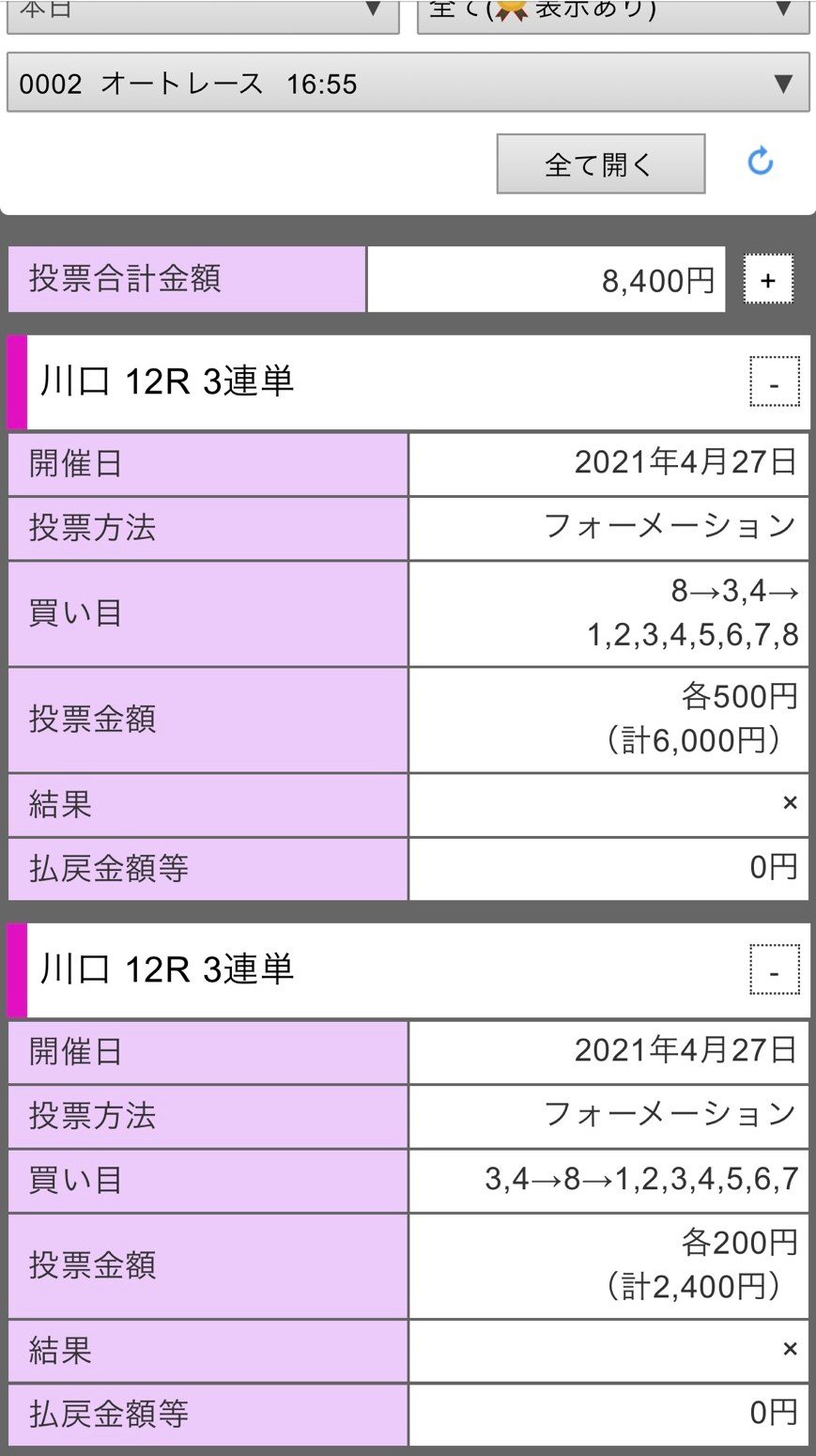 2021年SGオールスター3日目12R準々決勝戦　実際の買い目